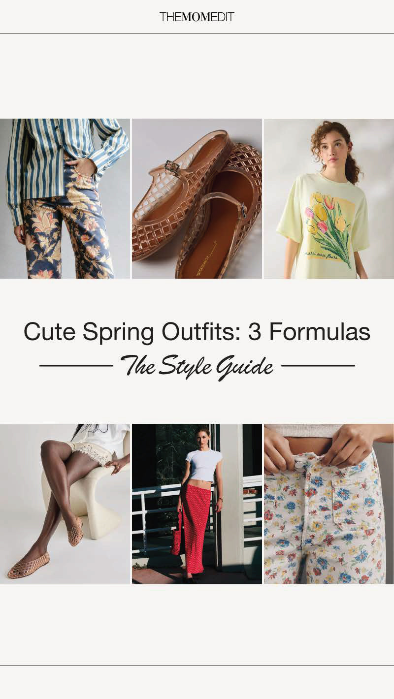 Spring outfit guide featuring silk skirt, lace shorts, and jelly flats styling ideas - The Mom Edit