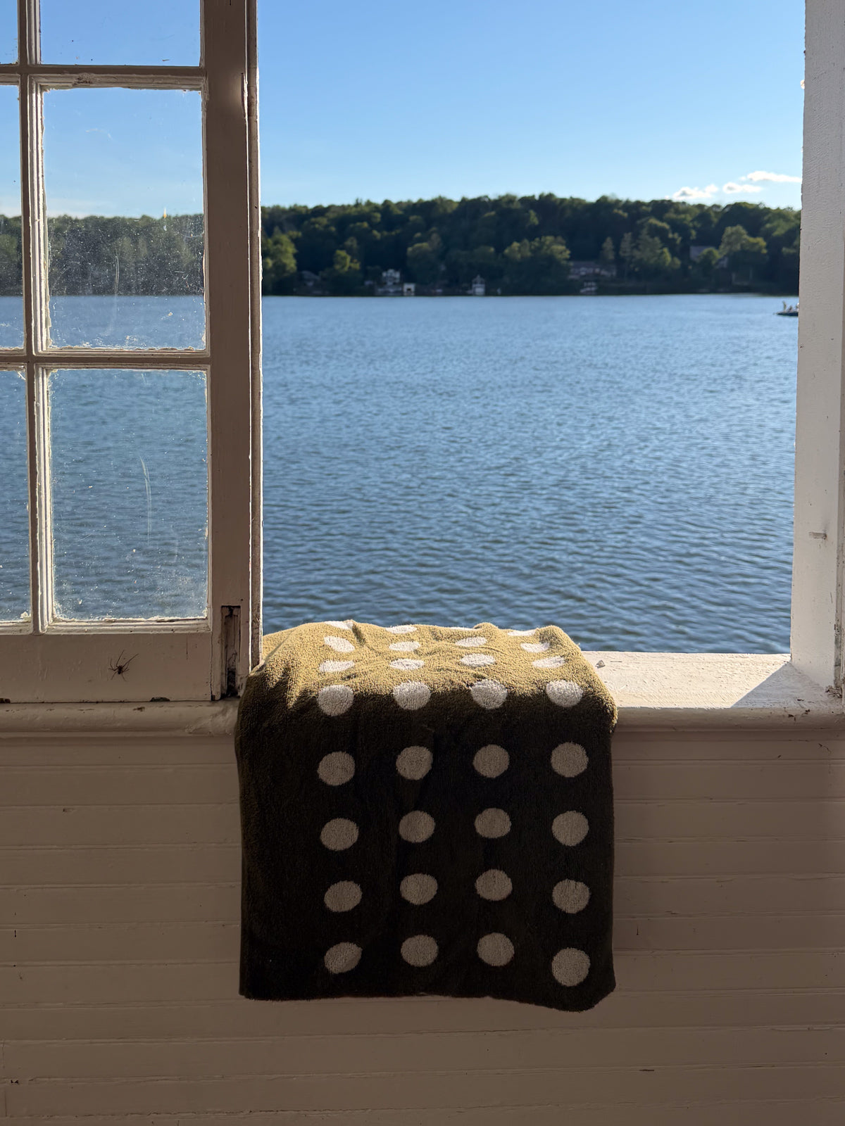 A dark olive green towel with white polka dots draped over a windowsill, with a scenic view of a blue lake and tree-lined shore in the background.