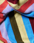 Close-up of a colorful striped stretchy towel with red, blue, yellow, and purple stripes.