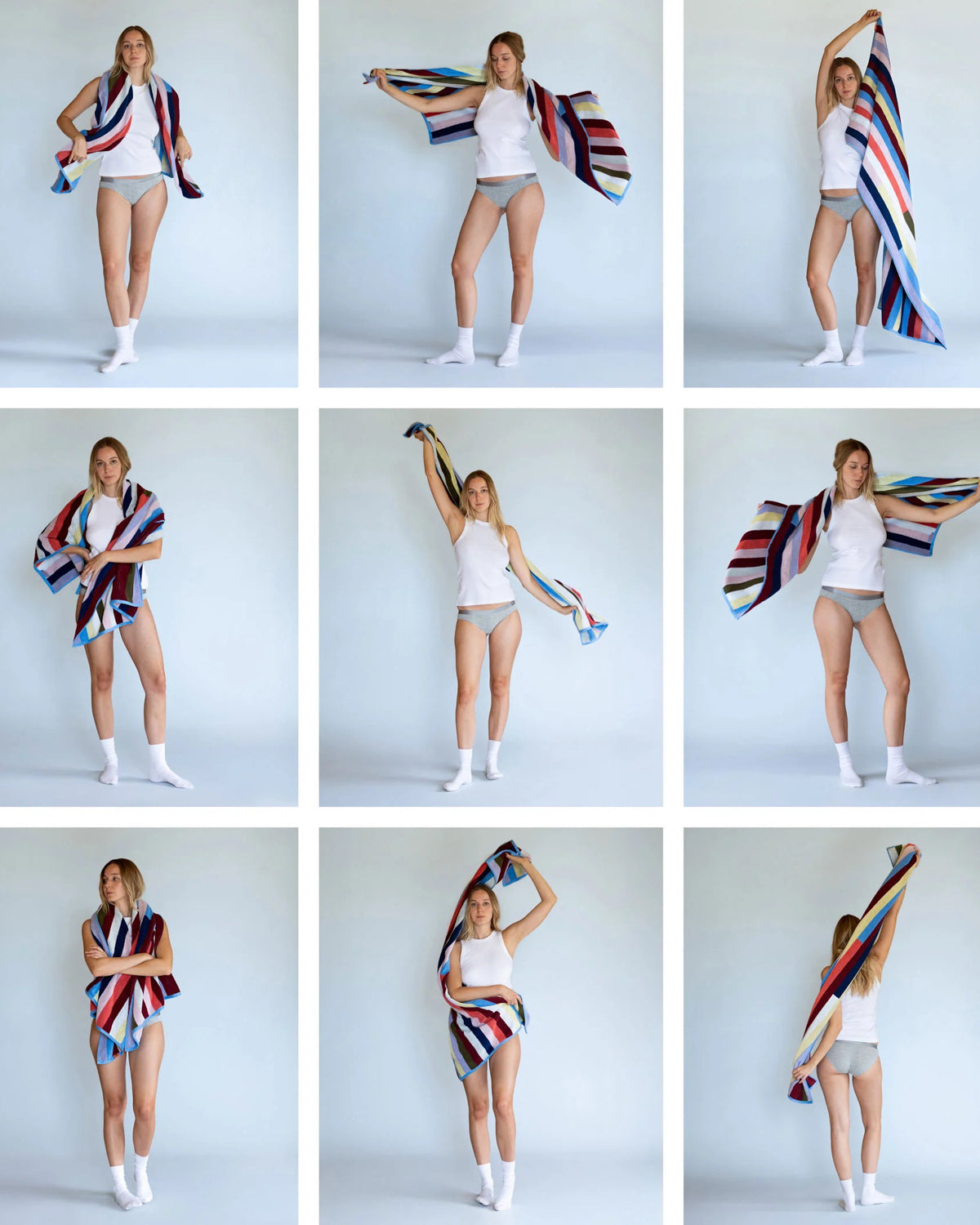 Grid of images showing a person with a colorful stretchy bath towel in various poses against a gray background