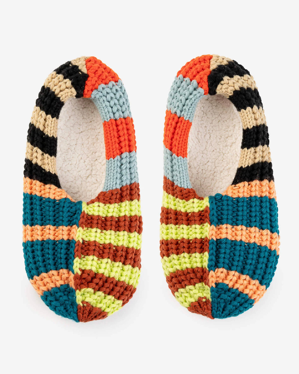 Pair of Verloop fleece-lined house slippers in chunky striped knit with fluffy cream lining