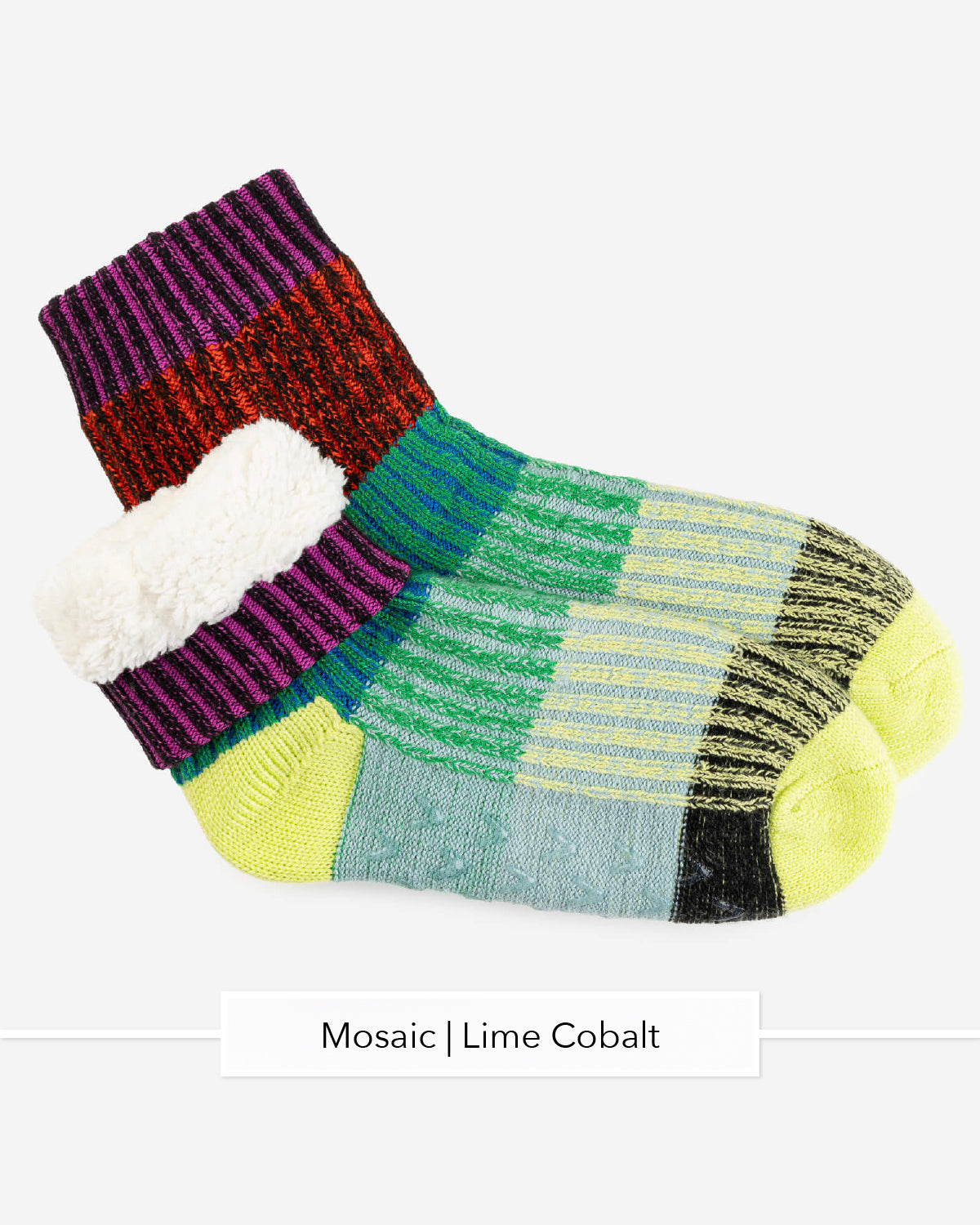 Verloop fleece-lined knit house socks in Mosaic Lime Cobalt with the cuff folded to show fleece