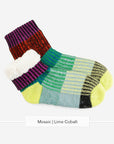 Verloop fleece-lined knit house socks in Mosaic Lime Cobalt with the cuff folded to show fleece