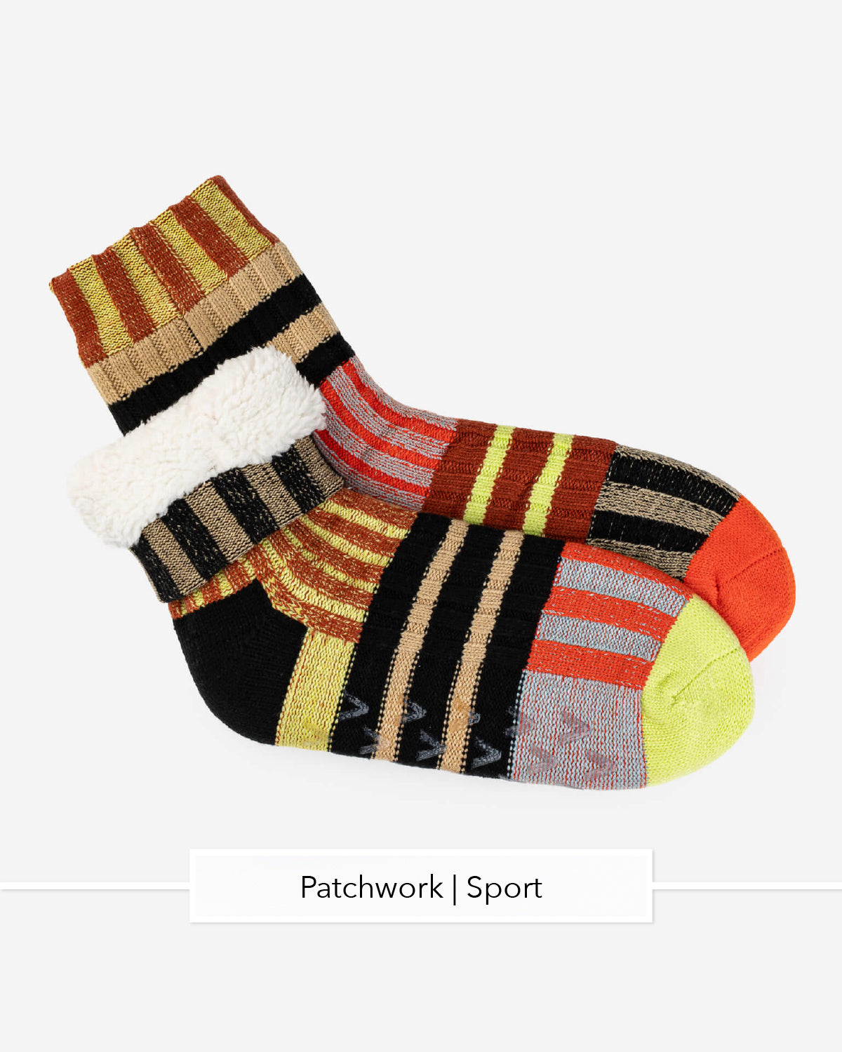 Verloop fleece-lined knit house socks in Patchwork Sport with red, black and gold stripes