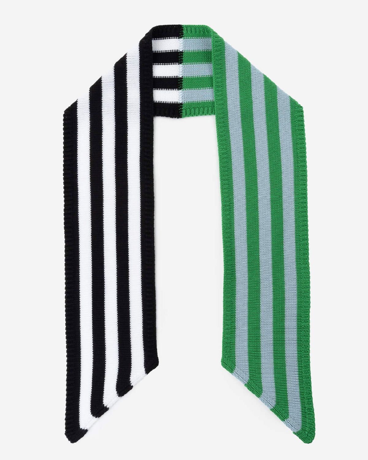 Verloop mini ribbon scarf laid flat, half black and white stripes, half green and blue