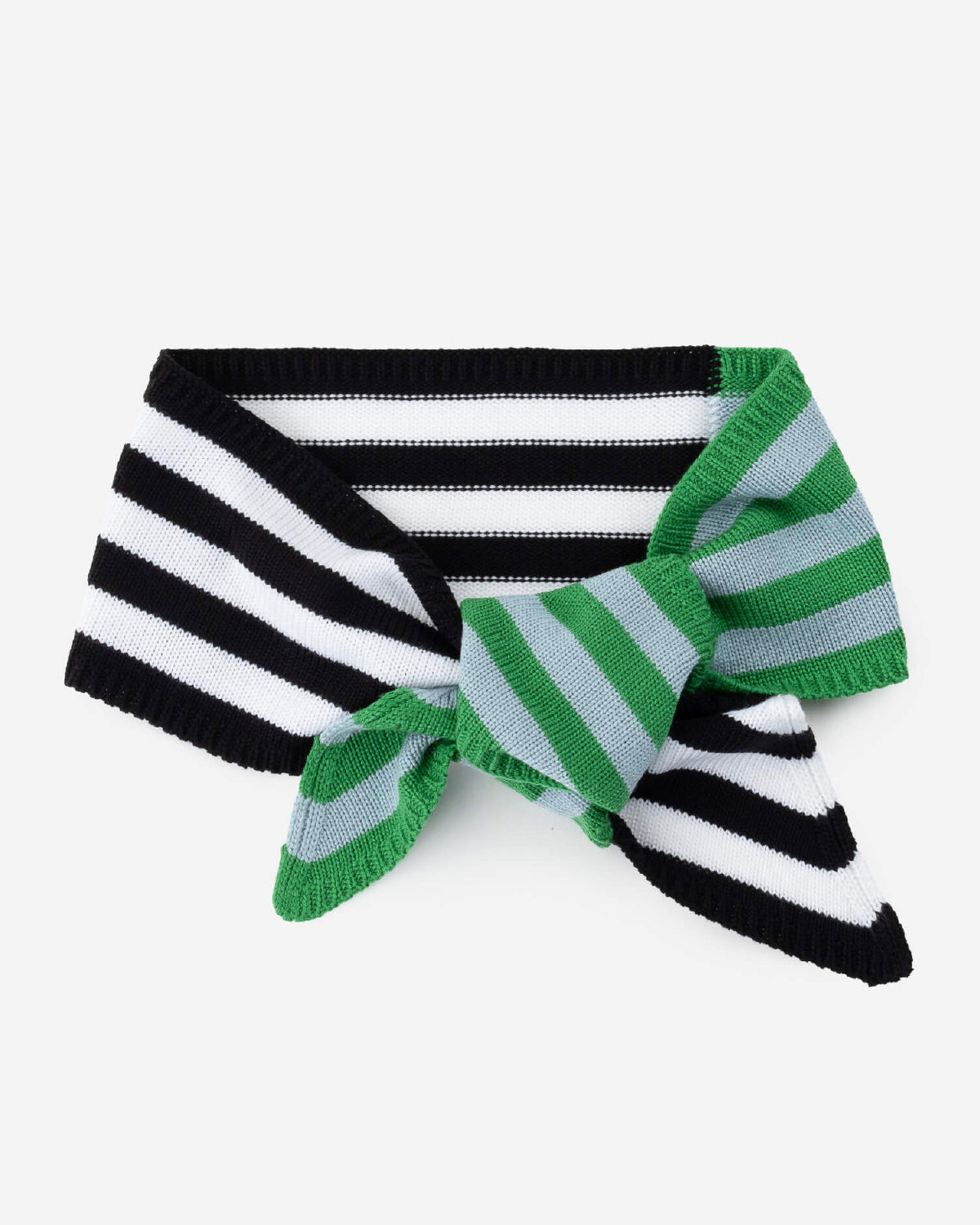 Mini ribbon scarf tied in a knot, in black and white and green striped knit