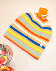 Verloop striped knit beanie in tan, orange, blue and chartreuse with an orange tag