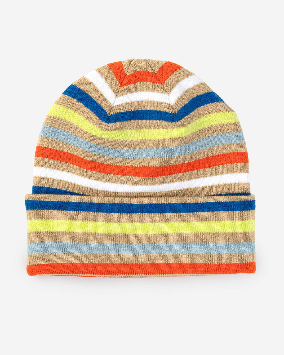 Cuffed Verloop striped beanie in orange, blue, yellow, white and tan stripes