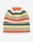 Cuffed Verloop striped beanie in orange, blue, yellow, white and tan stripes