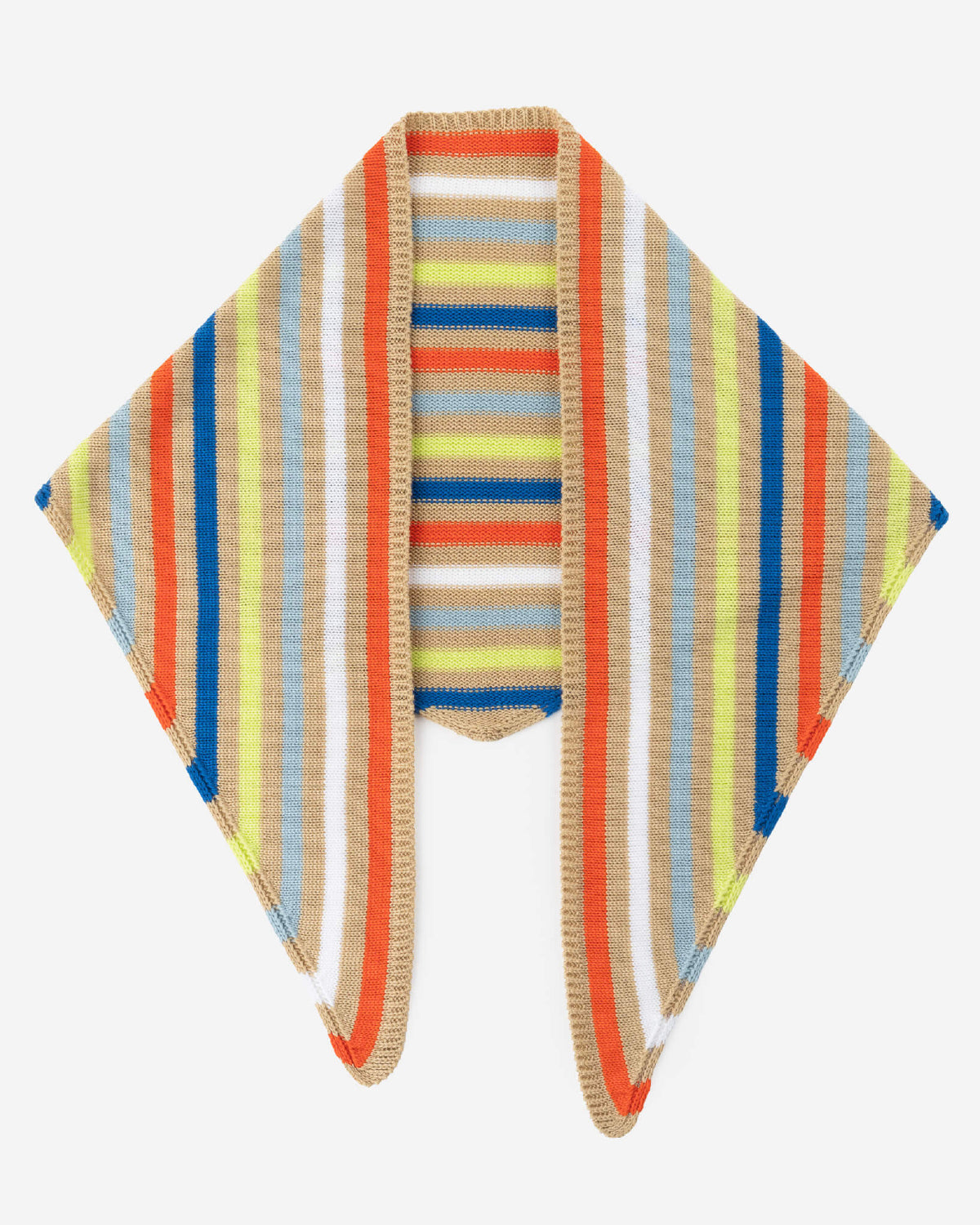 Verloop triangle scarf in tan with orange, blue, chartreuse and white stripes, laid flat