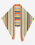 Verloop triangle scarf in tan with orange, blue, chartreuse and white stripes, laid flat