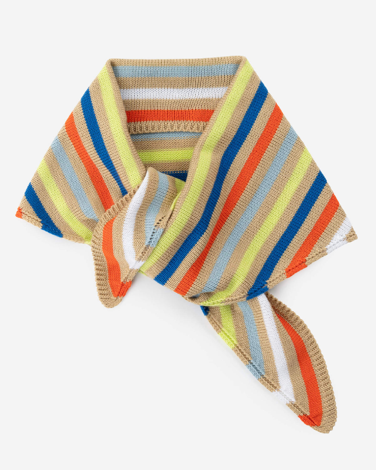 Verloop striped triangle scarf tied in a knot, in tan, orange, blue and chartreuse