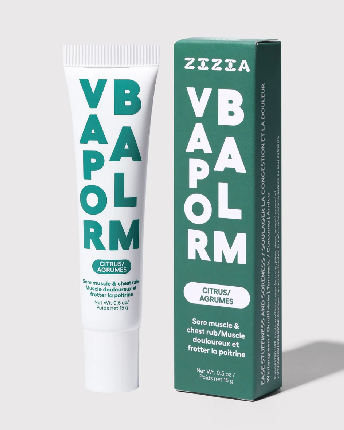 Zizia Vapor Balm tube beside its dark green box
