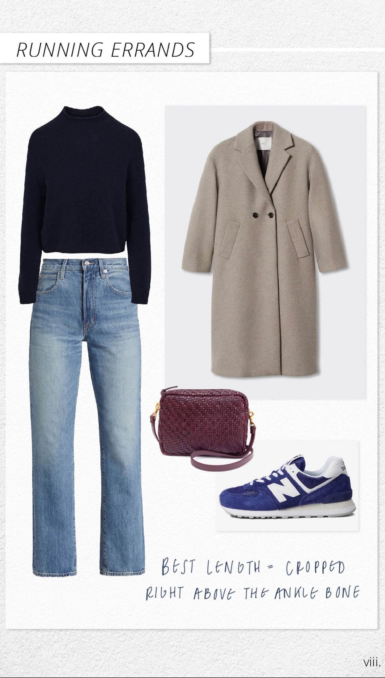 An outfit featuring straight-leg jeans, bright blue sneakers, a wool midi coat, and cropped cashmere sweater.
