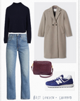 An outfit featuring straight-leg jeans, bright blue sneakers, a wool midi coat, and cropped cashmere sweater.